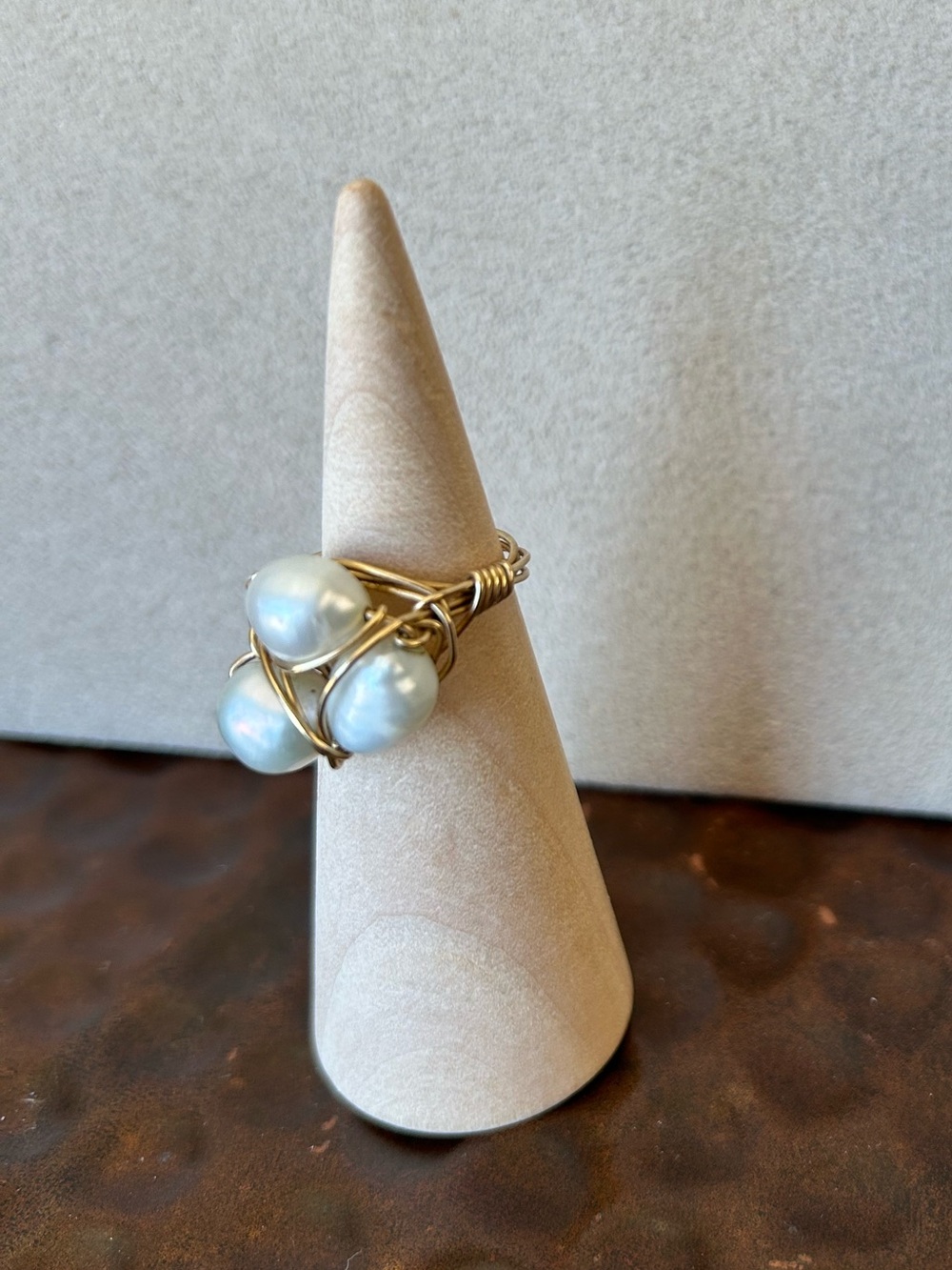 Gold Wire-Wrapped White Pearl Cluster Ring - size 6